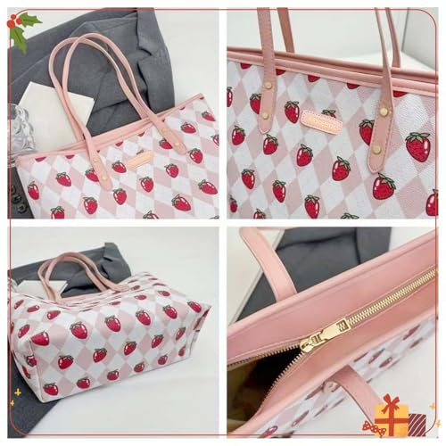 Image of ARREBOL Cute Strawberry Tote Bag Pu Leather Purse with Zipper for Women Travel, School