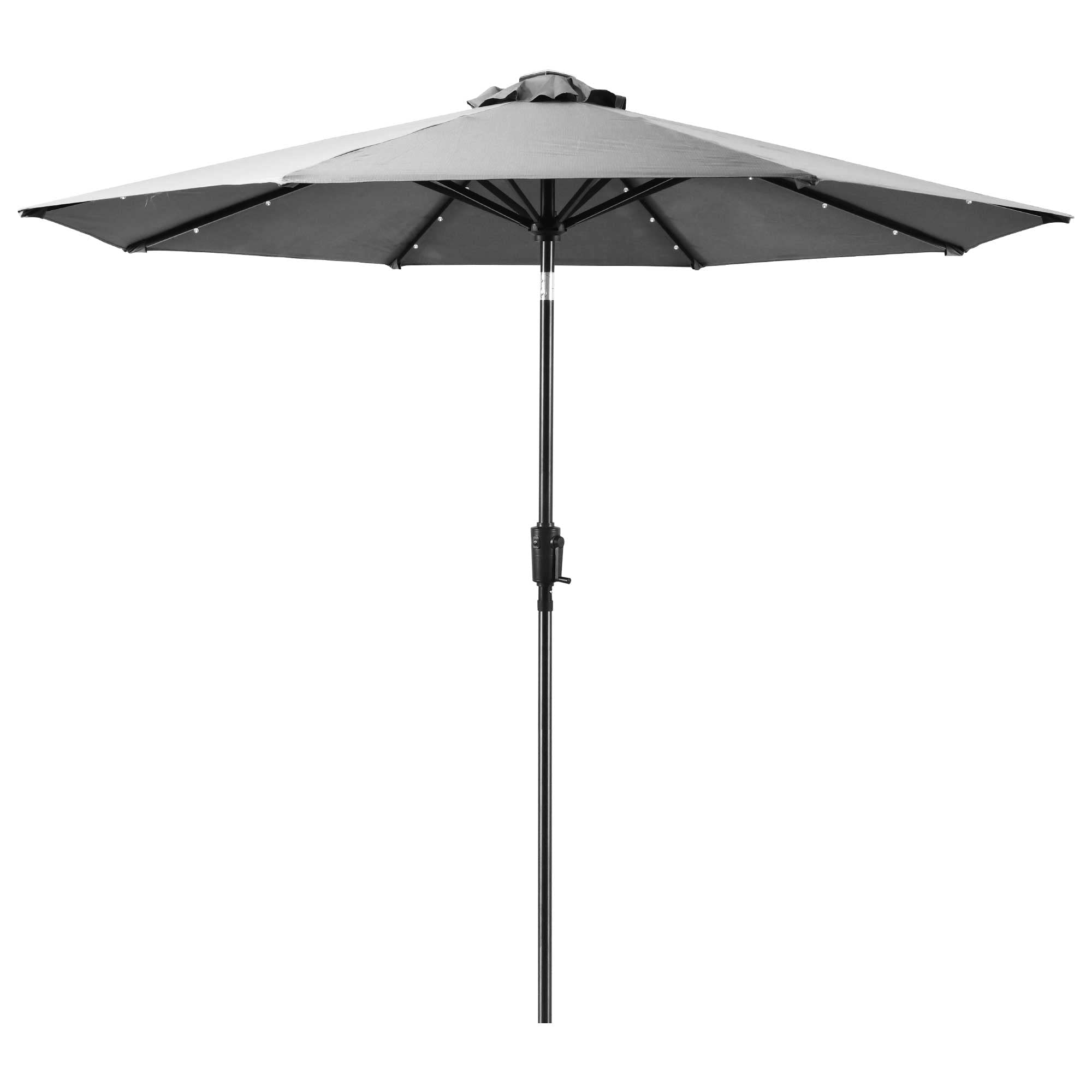 Sun-Ray 9ft Round Patio Umbrella, 94in. Tall Table Umbrella with 32 Diamond Shaped Solar Lights with Aluminum Black Frame and Grey Fabric for Patio, Backyard, Deck, Camping, and Beach