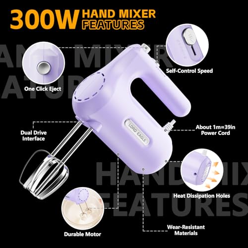 Image of Lord Eagle 5-Speed Small Hand Mixer Electric, 300W Compact Portable, Purple