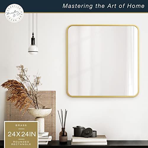 Image of MCS Master & Co. Metal Square Mirror, 24x24, Brass, for Bathroom & Bedroom | Modern Metal Square Mirror With Rounded Corners, Minimalist Home Decor For Living Room, Bedroom, Or Bathroom, Brass