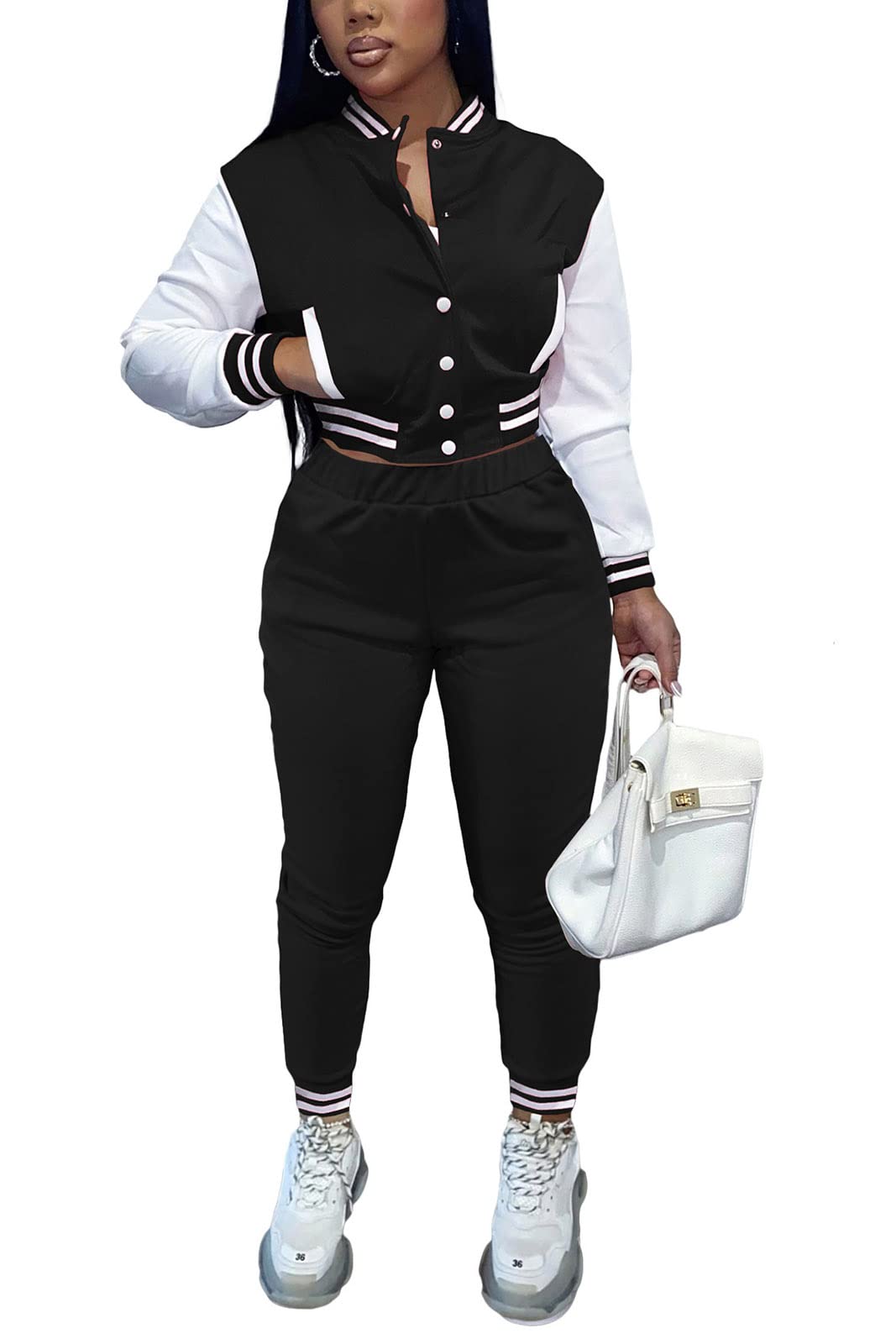 WOKANSE Women's 2 Piece Outfit Button Jacket Tops and Sweatpants Set Baseball Tracksuits Activewear