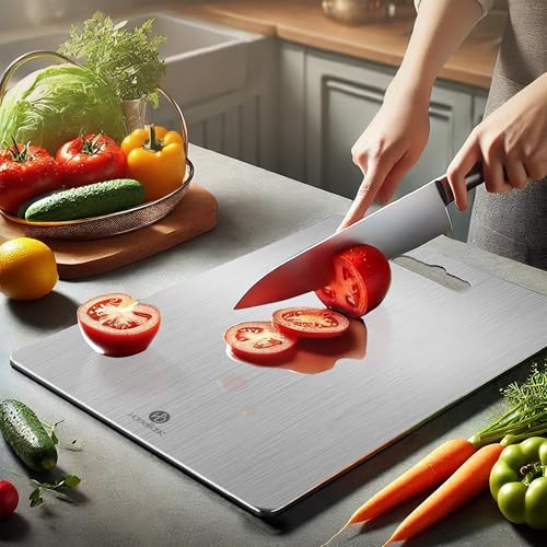 Image of HomeBasic Steel Chopping Board 36 x 25 cm | Food Grade 304 Stainless Steel, Double-Sided, Dishwasher Safe | Metal Cutting Board for Vegetables, Meat & Fish | Non-Porous, Rust Proof, Portable Handle