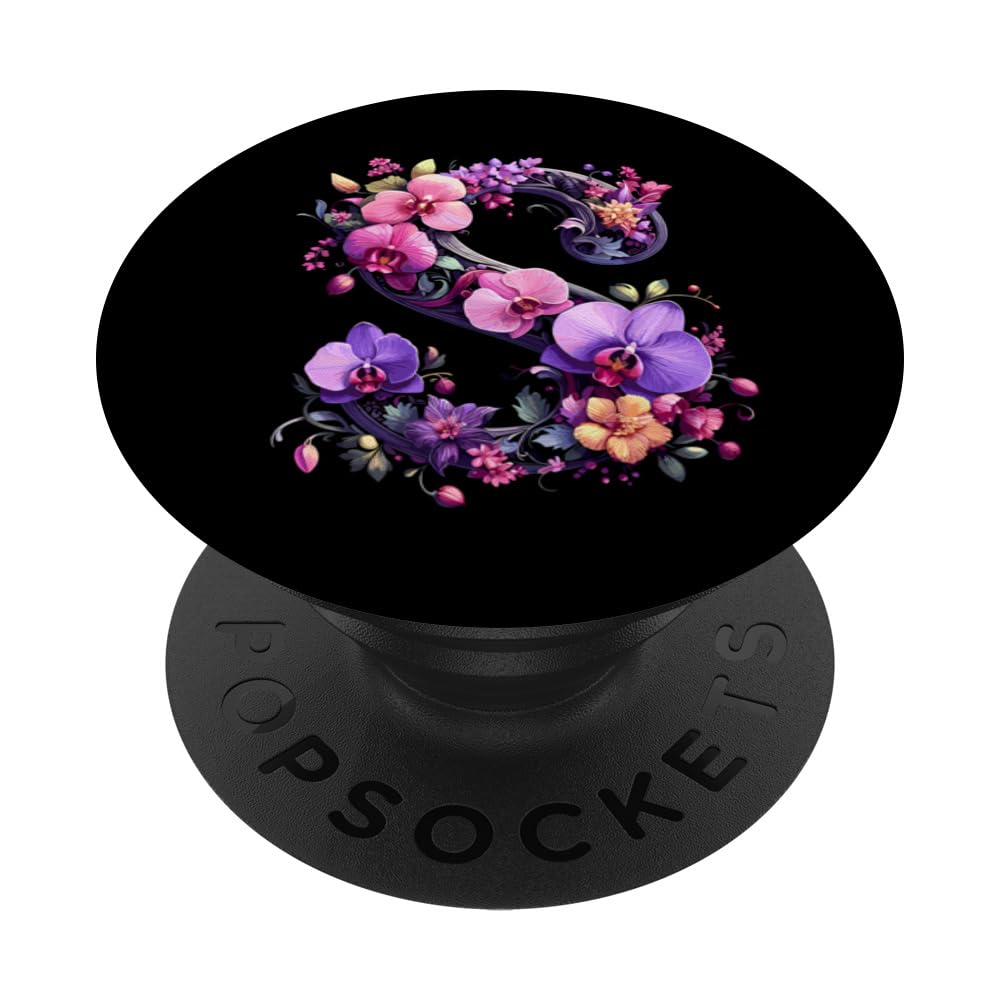 Floral Letter S Initials In Pink And Purple PopSockets Swappable PopGrip, Black