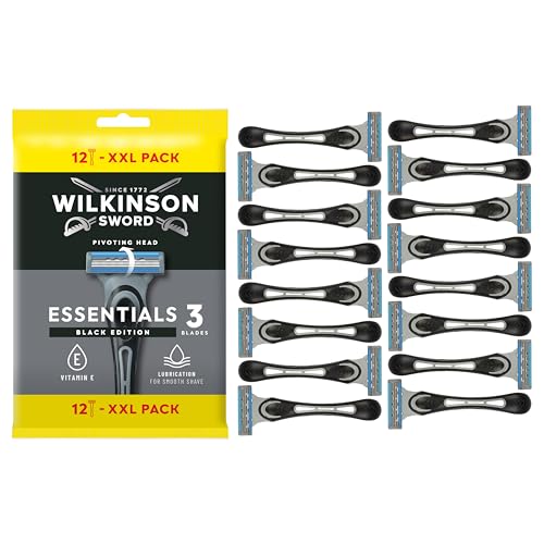 Wilkinson Sword - Essential 3 Black - Rasoio Usa & Getta - Rasoio a 3 Lame per Uomo - Testina Girevole - Striscia Lubrificante con Aloe - Confezione x12
