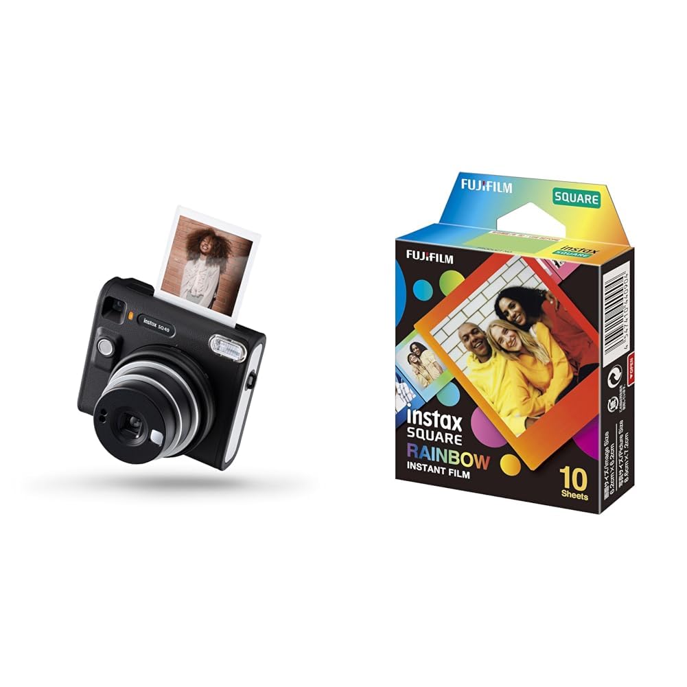 Fujifilm instax SQUARE SQ40 - Fotocamera Istantanea, Esposizione Automatica, Modalità Selfie & Instax Rainbow Border Film, Bordo Arcobaleno, Square 10 Shot