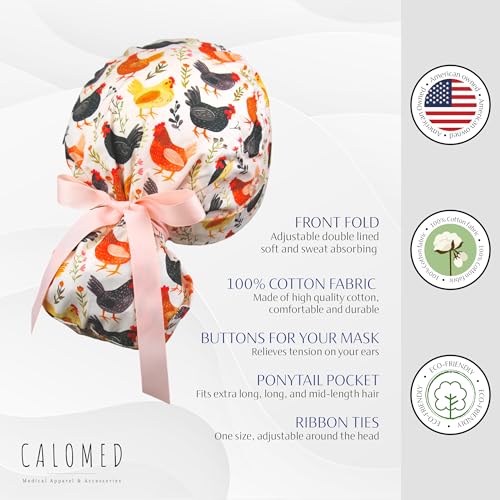 Image of Scrub Cap for Women and Men, Ponytail Scrub Caps, Working Hat, Head Cover with Ribbon Ties and Buttons, Long Hair