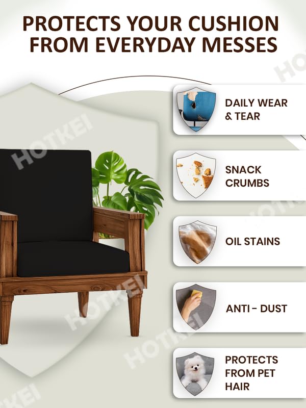 Image of HOTKEI Black (Pack of 2) 200 GSM Fabric Wooden Sofa Seat Cover Elastic Stretchable Cushion Seat Slip Cover Protector for Wooden Sofa Set 1 Seater Antislip Full Covers for Living Room