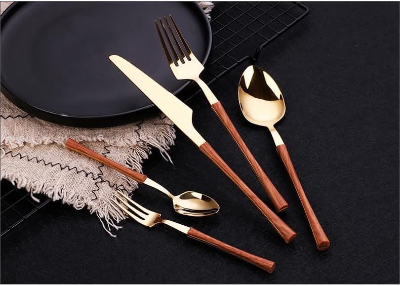 Silverware Flatware Cutlery Set, 5/20/30/40/50/60 Pcs Imitation Wood Grain Clip Handle Steak Knife Dessert Spoon Imitation Wood Handle Stainless Steel Knife Fork Spoon(Gold,50 Pieces for 10)