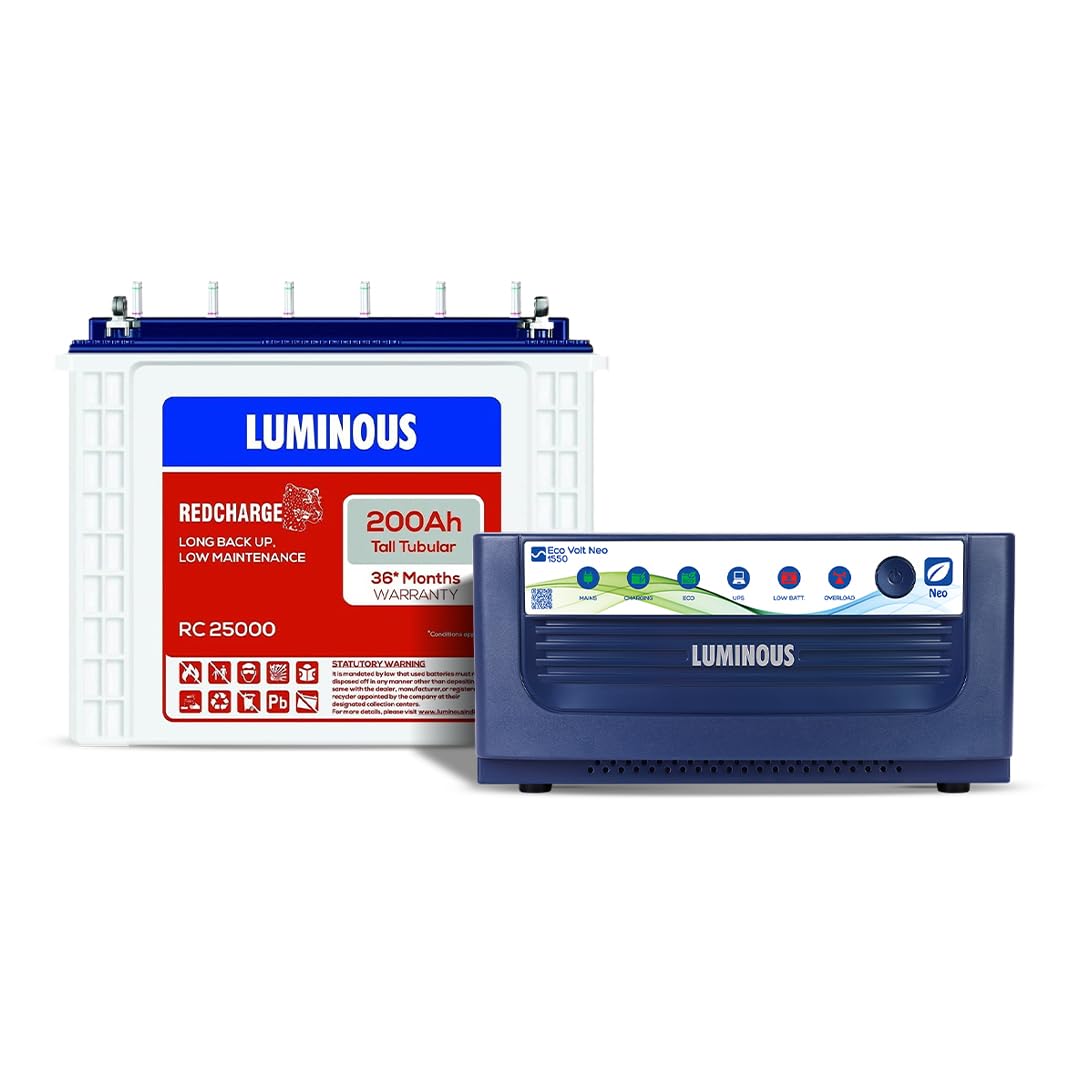 Inverter & Battery Combo for Home, Shop & Office – Eco Volt Neo 1550 (1400VA/12V) Sine Wave Inverter + RC25000 200Ah Tall Tubular Battery | 36M Warranty on Inverter & Battery