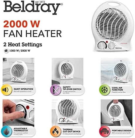 Beldray EH0567 Portable Electric Fan Heater with Cool Air Function, 2 Heat Settings and Adjustable Thermostat, Thermal Cut-Out Device, Carry Handle, Power Indicator Light, 1000 W/2000W, White