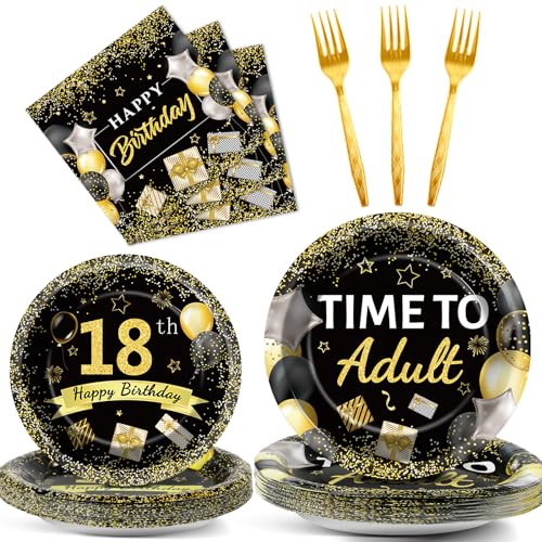 Image of 96 Pcs 18th Birthday Party Plates and Napkins Party Supplies Time To Adult 18 Years Old Birthday Party Tableware Set Black Gold 18th Birthday Decorations Favors for Boys Girls for 24 Guests