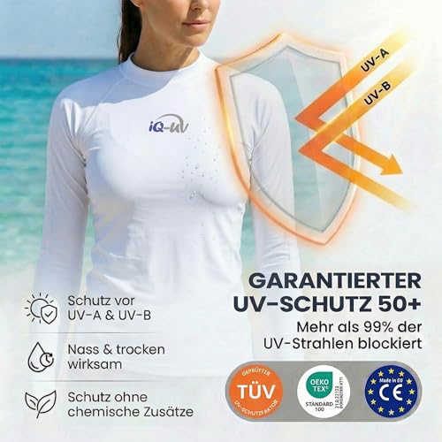 iQ-UV Sportshirt Damen Langarm Slim Fit Weiß S – UV Shirt für Damen für Wasser & Sport – Rash Guard mit UV-Schutz – Langarm Sportshirt – Ideal zum Schnorcheln und Schwimmen