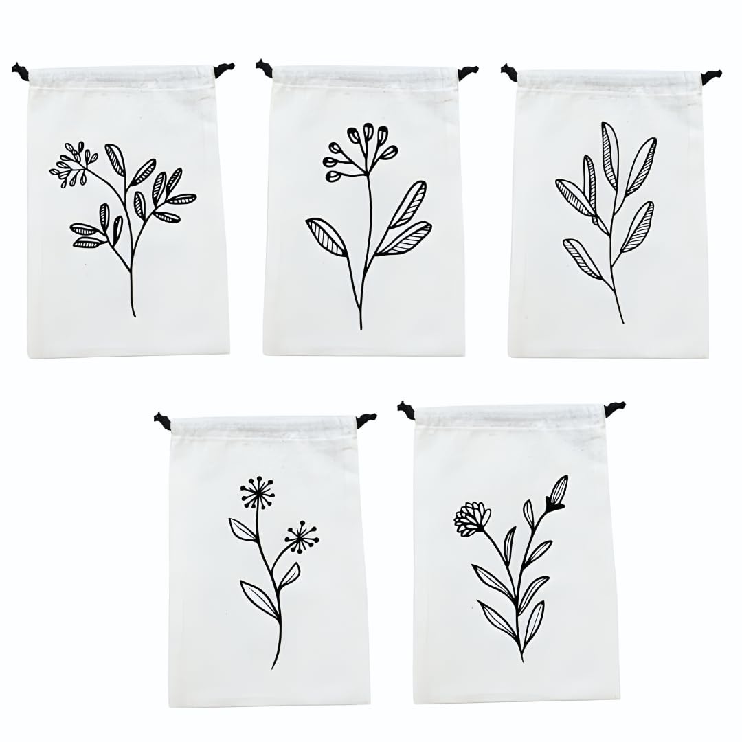 IVILLAGE Premium Reusable & Washable Cotton Fabric Drawstring Travel Pouch/Bag | Elegant Floral Design | Ideal for Earphones, Makeup, Sunglasses, Socks & Toiletries | Pack of 5