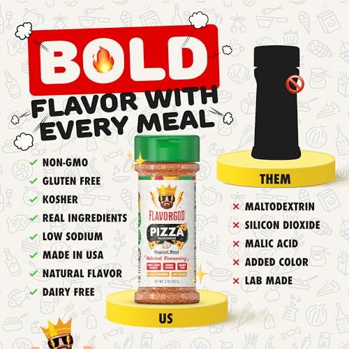 Image of Flavor God 2 Bottles Pizza Seasoning Mix Natural Healthy Spice Blend For Grilling Chicken, Beef, Seafood, Vegetables, Salad, Tacos, Ravioli, Pasta- Kosher, Gluten & Dairy Free, Vegan Keto Friendly