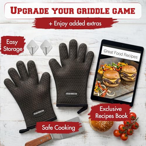 Image of KITCHEN PERFECTION XL Silicone Oven & Griddle Gloves -Extreme Heat Resistant BBQ & Grilling Gloves -Handle Hot Food Right on Your Griddle |Waterproof Oven Mitts Grill Gloves |Superior Set+3 Bonuses