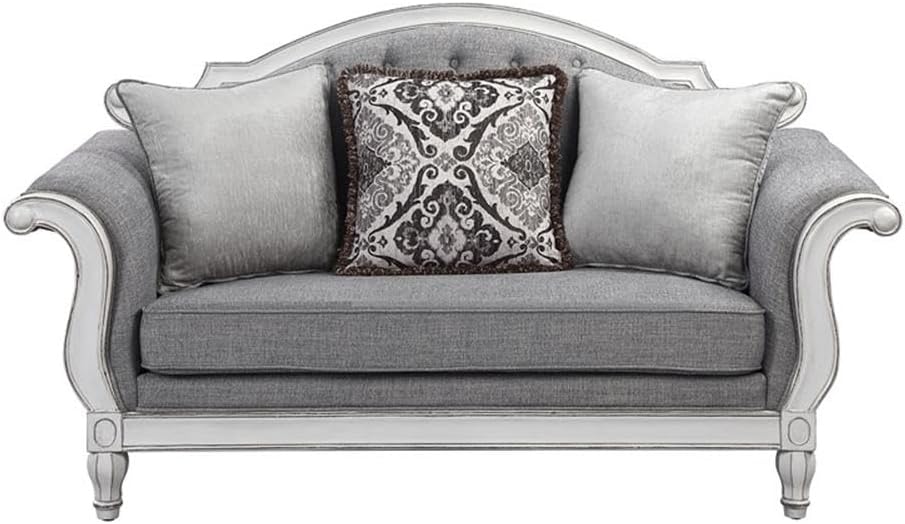 Acme Furniture Florian Tufted Fabric Loveseat w/ 3 Pillows in Gray/Antique White