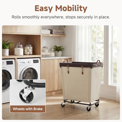 Image of StorageWorks Laundry Basket with Wheels for Clothes, 210L Beige Hamper Cart
