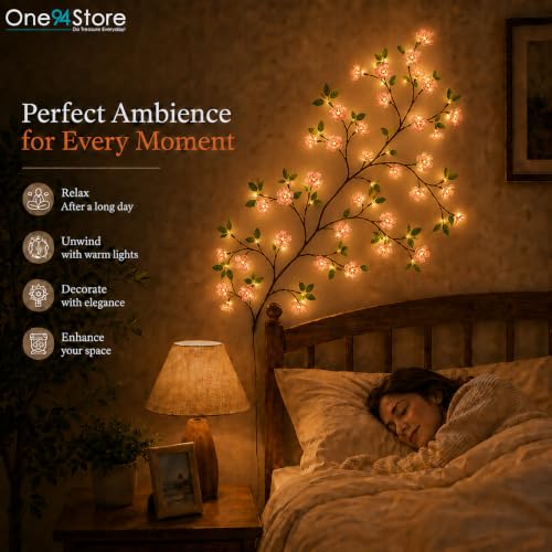 Image of One94Store DIY Cherry Blossom with Leaves LED Vine Wall Light | 72 Warm White LEDs | USB Powered Flexible Floral Branch | Fairy String Lights for Bedroom, Living Room, Home, Wedding & Festival Decor