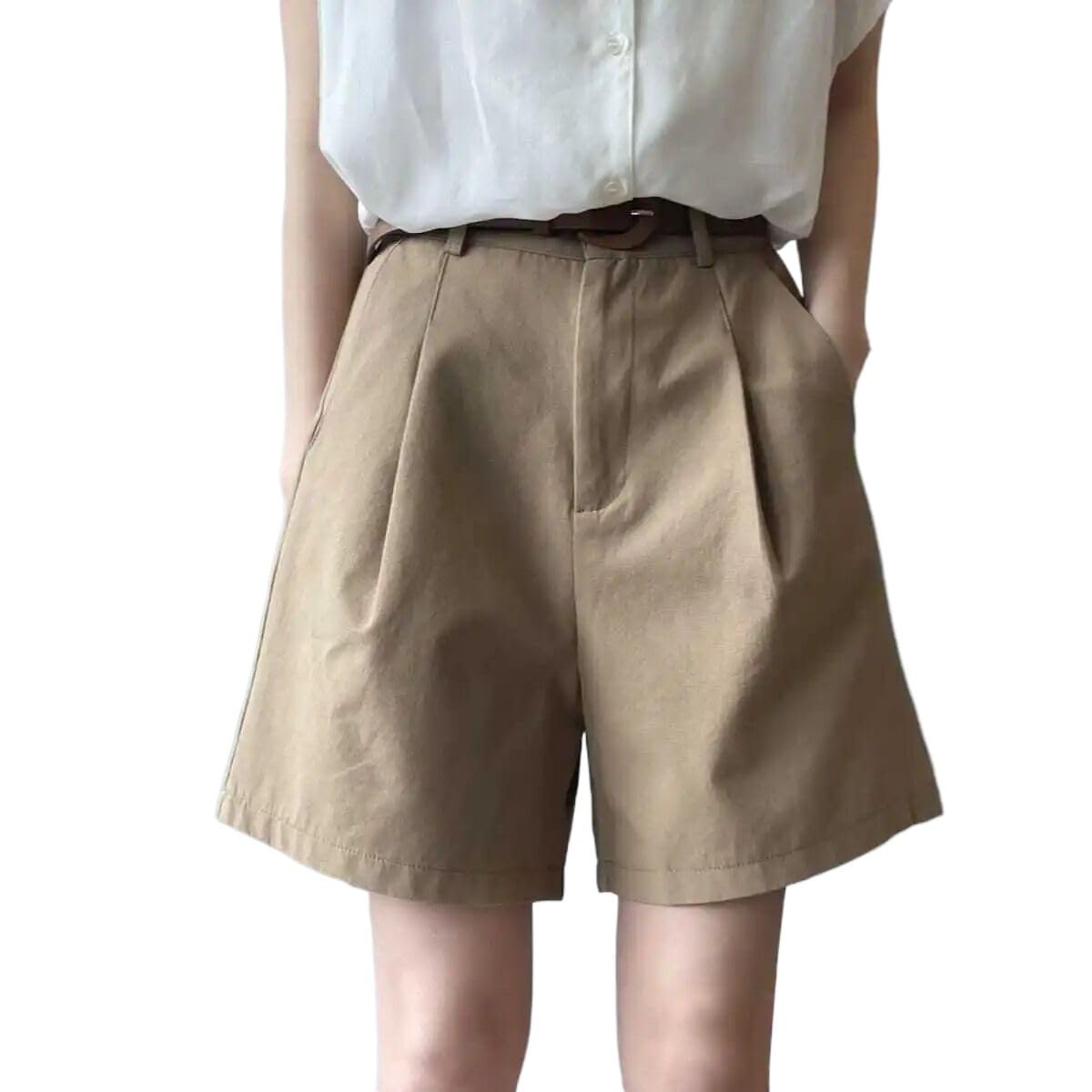 Pantalones cortos para mujer, holgados, de cintura alta, casuales, de pierna ancha, para verano, oficina, mujer, caqui, S