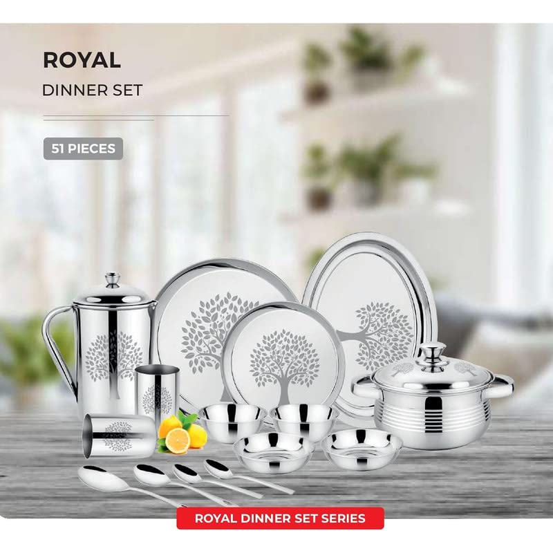 Image of Steelcraft Premium Stainless Steel Royal Dinner Set (Laser) 51 Pcs, High Grade Quality-with Silver Touch Finish, Kitchen Set for Home, Made in India, Steel Colour
