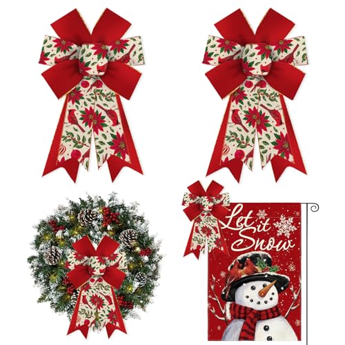 ALIBBON 2 Pcs Merry Christmas Bows for Wreaths, Christmas Wreath Bows, Red Bird Cardinal Bows, Red Flower Poinsettia Red Velvet Bows for Front Door, Christmas Decor, Holiday Bows for Indoor Outdoor