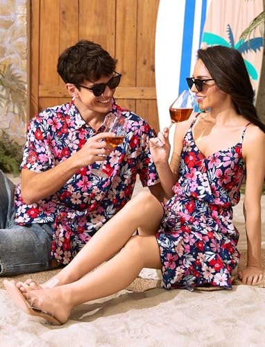 PATPAT Matching Hawaiian Outfits for Couples Beach Vacation Tropical Print Women Spaghetti Strap Dress or Men Cruise Shirt 5