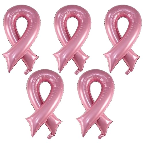 JazSwirl Breast Cancer Balloons 5-Pack Pink Mylar Pink Ribbon Balloons 41.7 x 27.6 Inches Breast Cancer Decorations for Awareness Events and Fundraisers