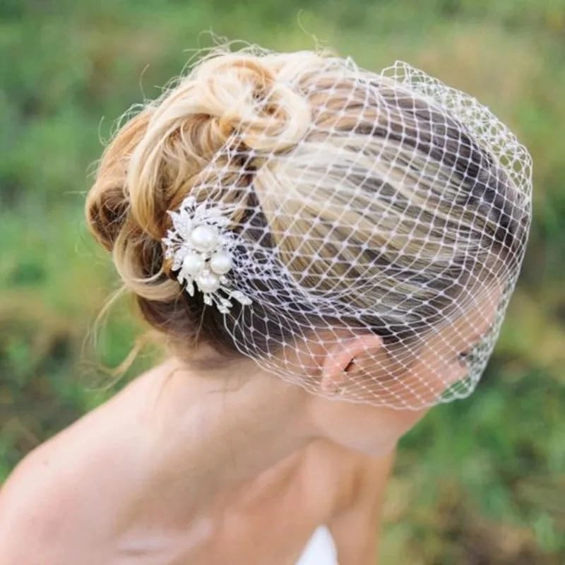 Voile de mariée en cage à oiseaux avec peigne en perles, accessoire for cheveux de mariage(Blanc)