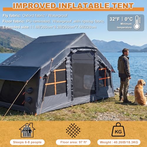 Image of Inflatable Camping Tent,2 /4 /6 /8 Person Glamping Inflatable Tents with Awning, Quick Setup Blow Up Tents with Pump, Waterproof Oxford Inflatable House for Camping, Air Glamping Hot Tents for Adult