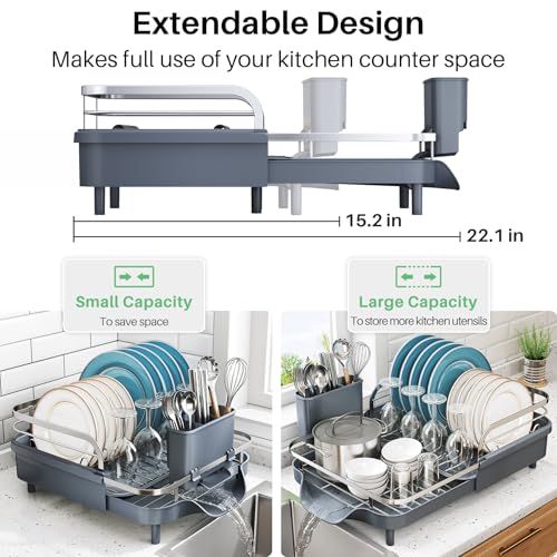 Image of SNTD Dish Drying Rack, Expandable Dish Rack for Kitchen Counter, Stainless Steel Dish Drainer with Drainboard Set and Utensil Holder (Gray)