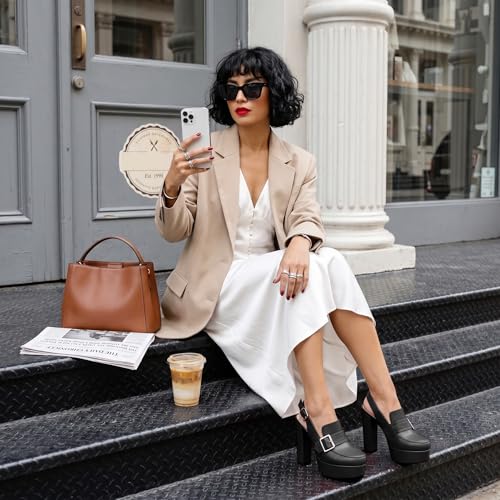 Image of Women's High Heel Loafers Platform Pumps Round Toe Heels Chunky Heel Pumps Stylish Comfortable 4.8 Inch Slingback Heels