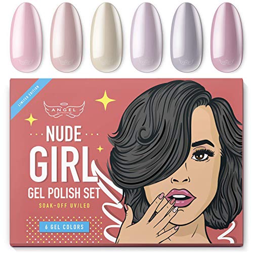 Angel Professional Gel Nail Polish Set Nude Gel- 6 Nude Shades - Manicure Gel Polish Kit for Professional Nail Art & Home DIY - Nude Nail Gel Art Colors - UV LED Soak Off - 6 Btls 0.33OZ - Gift Box
