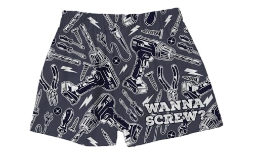 BRIEF INSANITY Comfortable Loose Fit Boxer Shorts | Funny Screw Driver Tool Box Print Boxer Short Bottoms - Soft, Comfy Loungewear Pants (Wanna Screw, Medium)