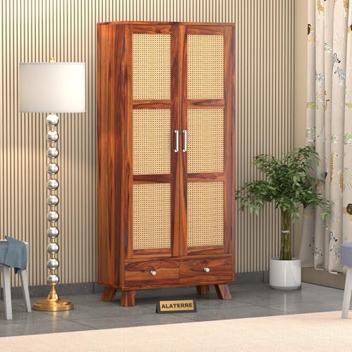 Image of Solid Wood 2 Door Wardrobe with Cane Design | Wooden Almirah with Storage Drawer | Modern Vintage Cupboard for Bedroom & Living Room (Honey Finish)