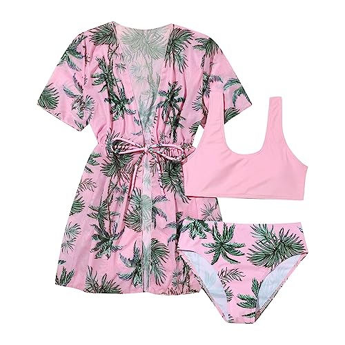 Girls 3 Piece Swimwear Coconut Tree Print Swimsuit Bikini Bathing Suit with Sun 𝐏rotection Cover Up Shirt Sets