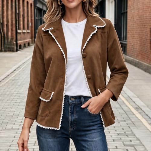 Faux Suede Jacket Women Trendy Casual Lace Scalloped Lapel Button Down Coat - image 3