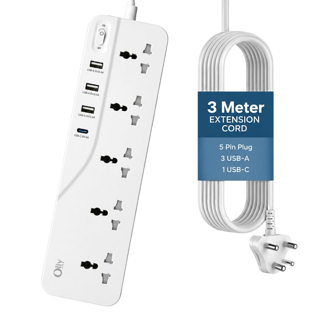 one-x power strip extension board with 5 universal sockets, 3 usb ports, 1 type-c pd port, 3 metre cord & wall mount option - white