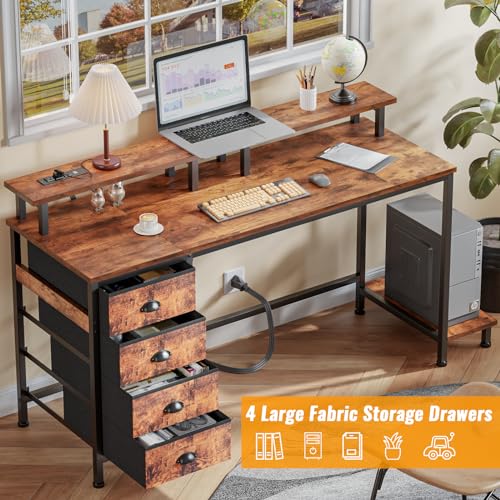 Furologee 55 Inch Computer Desk Gaming with 4 Fabric Drawers with Power Outlets and LED Lights for Home Office with Full Monitor Stand and Shelf Study Table for Small Spaces Rustic Brown