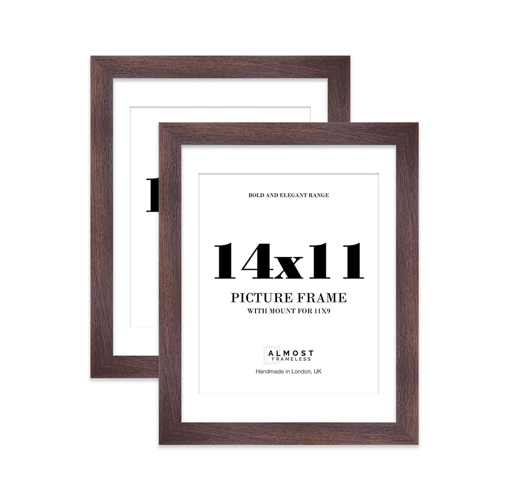 14x11" Walnut Frame With Mount for 11x9" Pictures 28mm Edge Portrait and Landscape Display with Wall Hooks and Kickstand, 2 Pack