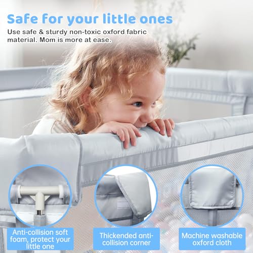 Image of 150x180 cm Playard with Ocean Balls and Anti-Fall Grasp Rings, Large Playpen for Baby up to 5 Years with Safety Lock (NO Mat /Cushion, Non-Foldable) - Grey