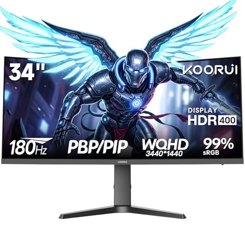 KOORUI 34-Zoll Curved Monitor,Gaming Bildschirm,WQHD 3440×1440 VA,180Hz + 1 MS MPRT,HDR400,99% sRGB, unterstützt 110 mm Höhenverstellung,Schwarz,Für Heimkino, Büroalltag, Designbearbeitung