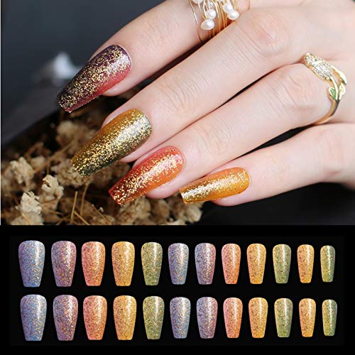 24pcs French Glamorous Design Glossy UV Glitter Acrylic Ballerina Coffin False Nails Full Cover Fake Nails Tips Natural Medium False Nail Nails Art Manicure(UV Glitter)
