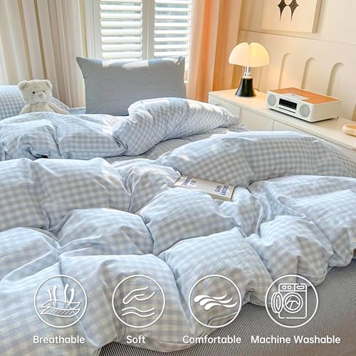 Image of BOLINLIVING Gingham Duvet Cover Full Size, 3PCS Light Blue White Checkered Plaid Duvet Cover Set, Microfiber Bedding Set for All Season with Zipper Closure and Corner Ties