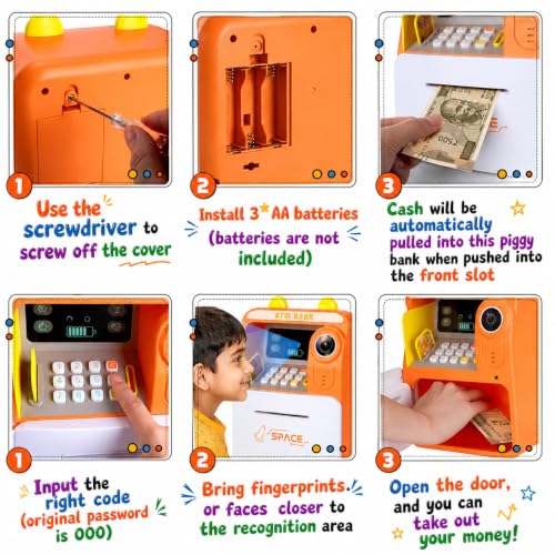 Image of Magicwand FACE Recognition Musical Money Safe Kids Piggy Savings Bank with Personal ATM Card【Pack of 1】【Orange】