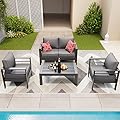 Amopatio Aluminum Patio Furniture, 5 Pcs Metal Modern Patio Furniture Set, Outdoor Sectional Sofa for Balcony, Garden, Dark Grey (Included Waterproof Covers)