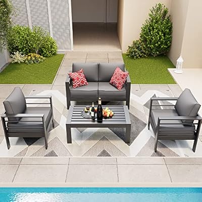 Amopatio Aluminum Patio Furniture, 5 Pcs Metal Modern Patio Furniture Set, Outdoor Sectional Sofa for Balcony, Garden, Dark Grey (Included Waterproof Covers)