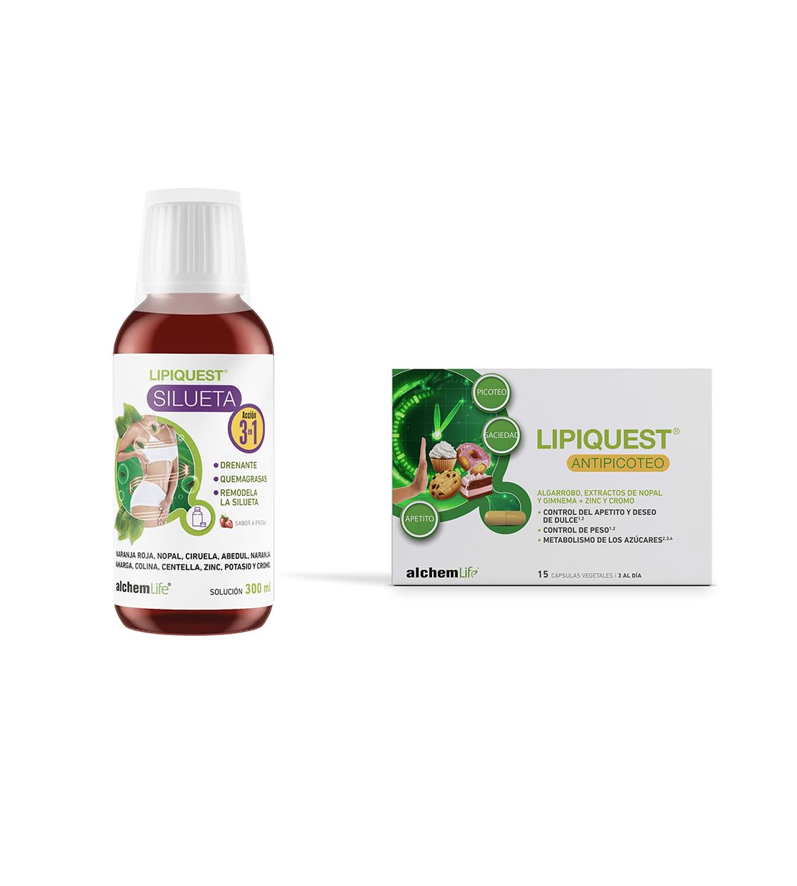 AlchemLife - Pack Lipiquest Silueta + Antipicoteo | Control de Peso y Gestión del Apetito | Solución Líquida 300 ml + 15 Cápsulas Vegetales | Metabolismo de Grasas y Azúcares