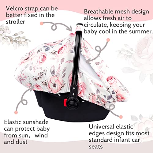 Image of Carseat Cover Girls, Floral Baby Carseat Canopy with Zipper Mesh, Infant Stroller Cover, Watercolor Pink Flower