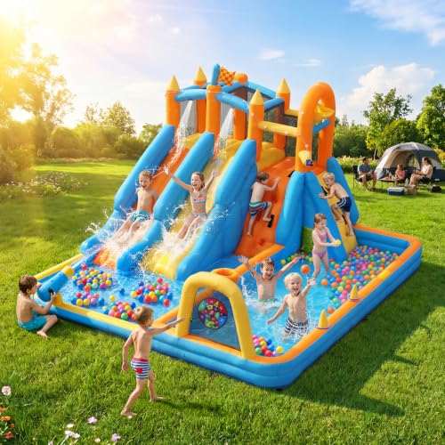 AONESY Bounce House with Slide 2 Slides: 10-in-1 Inflatable Water Slide Bounce House for Kids Age 3-10 with Climbing Wall Water Cannon Splash Pool Wet & Dry 550W Blower Backyard Fun