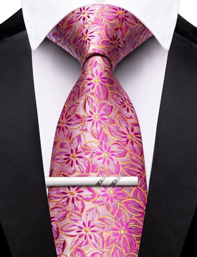 Image of Barry.Wang Floral Ties for Men Flower Necktie with Tie Clip Formal